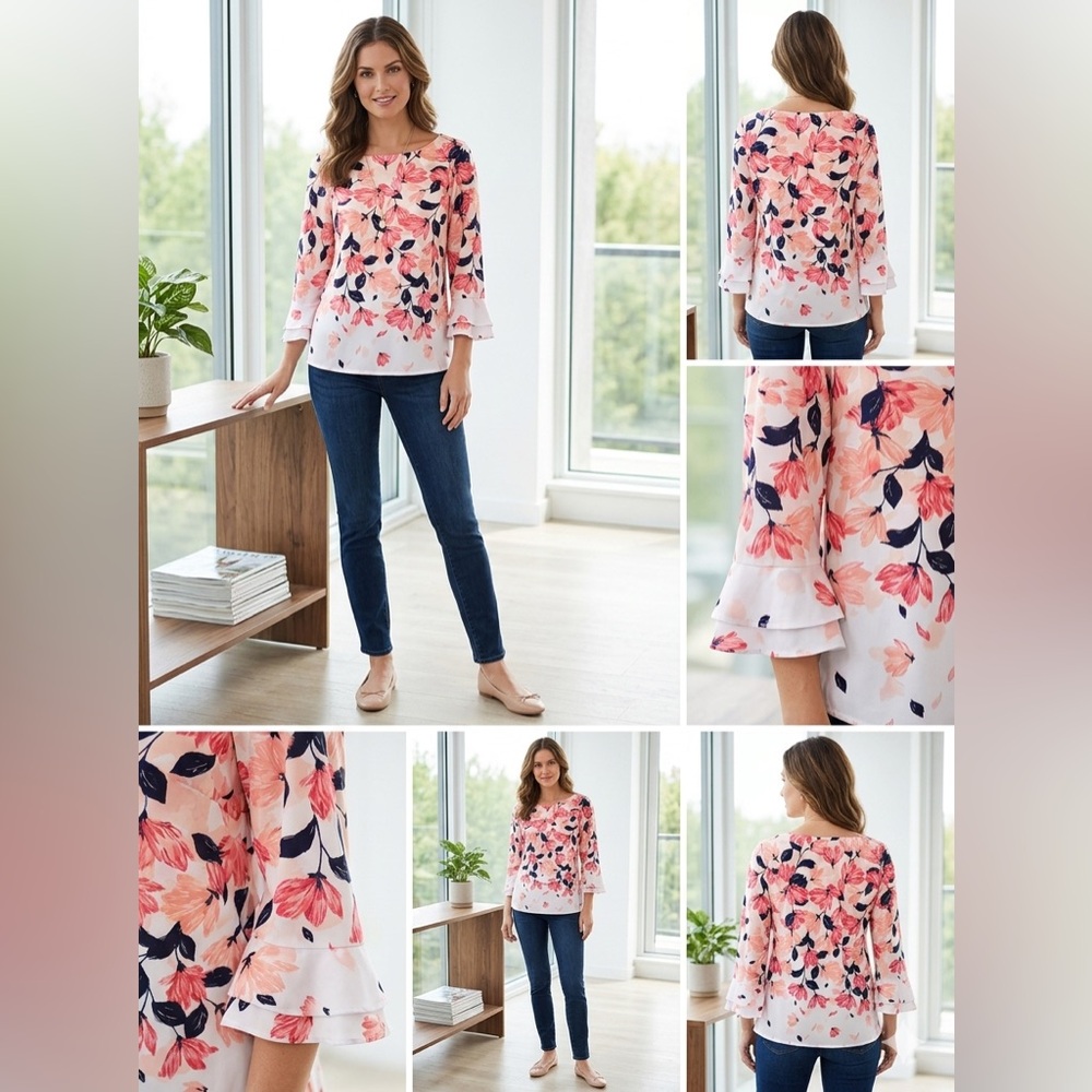 Charter Club Women’s Small Floral Blouse 3/4 Bell Sleeve Stretch - Picture 9 of 9